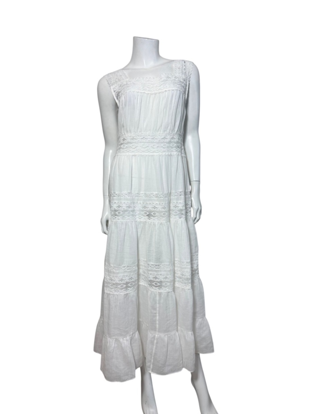 DÔEN Simona Dress In Salt White Ramie Floral Lace Tiered Maxi Size L NWT